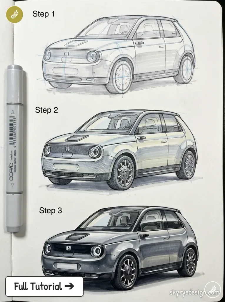 Three-step car sketch tutorial: progressive drawings of a Honda e-style compact hatchback with Copic marker visible.