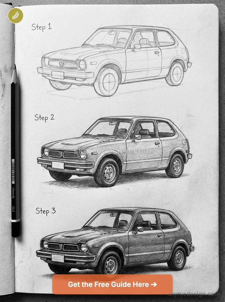 Step-by-step pencil drawing tutorial of a vintage compact car in three stages on a notebook page