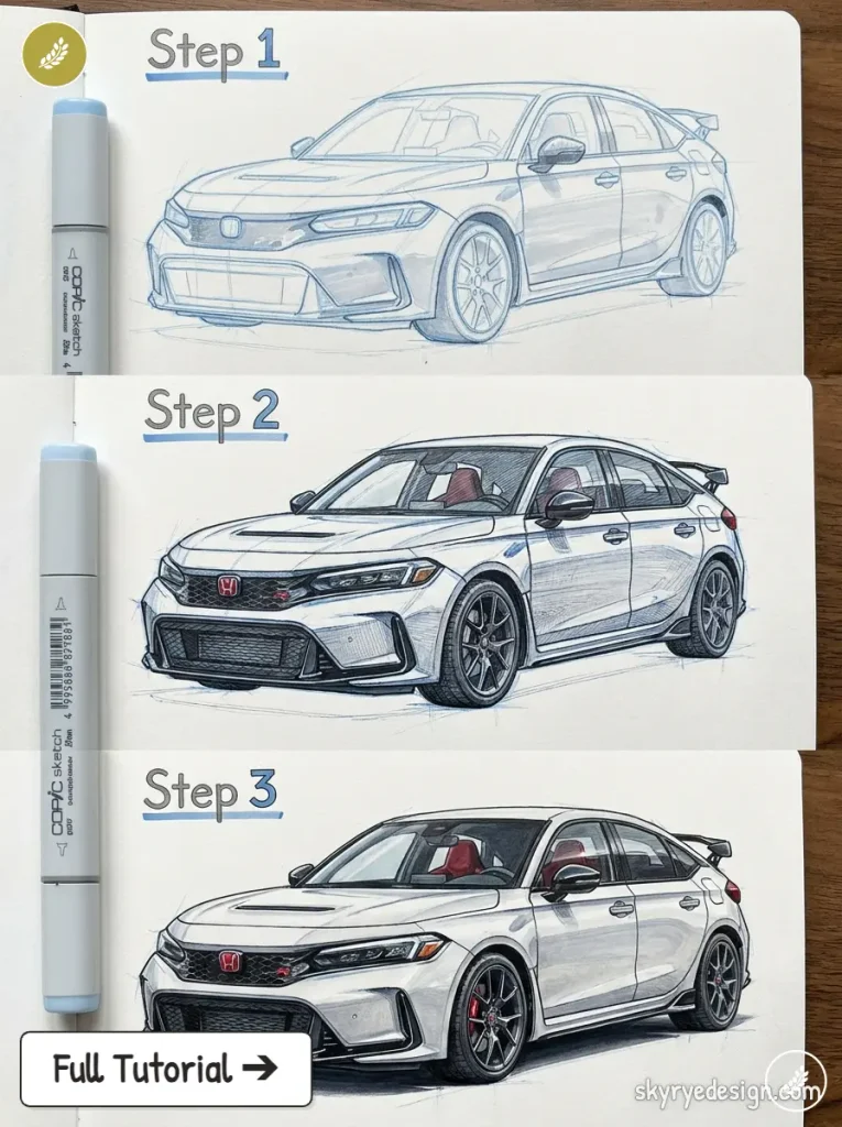 Three-step car sketch tutorial showing progressive drawings of a white Honda Civic Type R with Copic marker