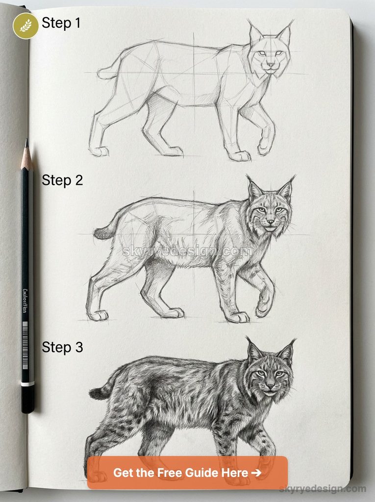 Three-step guide illustrating a lynx drawing from initial geometric block-in to refined outline and fully shaded fur texture