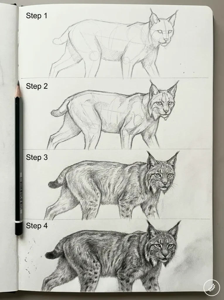 Four-step drawing tutorial showing a stepwise progression of a cat from rough sketch to a detailed portrait.