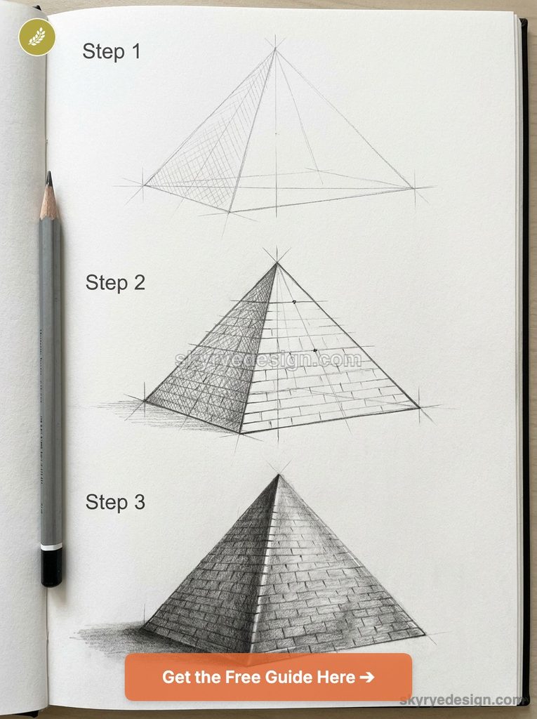 tutorial-pyramyd Three-step pencil sketch of a pyramid: Step 1 light wireframe, Step 2 shaded brick face, Step 3 fully shaded textured blocks; pencil on the left. | Sky Rye Design Three-step pencil sketch demonstrating pyramid perspective construction lines, stone block outline, and final shading