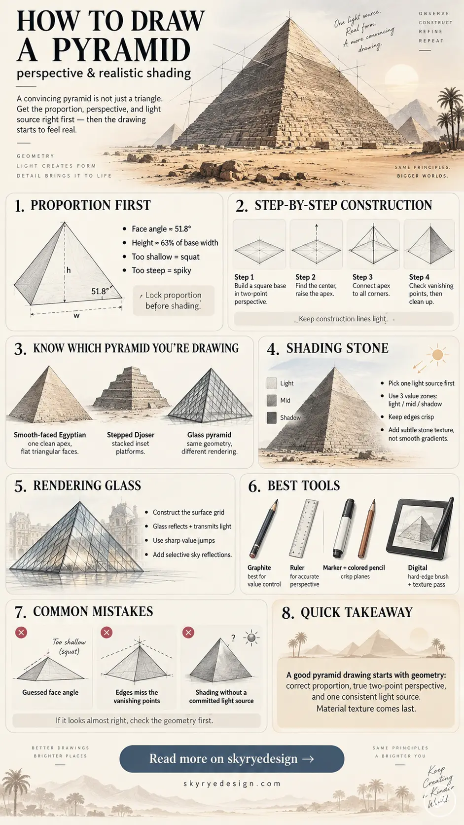 05544c9d-56a2-48cc-be7e-168bacf8ff31 Infographic titled 'How to Draw a Pyramid: perspective & realistic shading' showing eight steps with diagrams and tips on proportion, construction, shading, rendering, tools, mistakes, and quick takeaways. | Sky Rye Design Infographic titled 'How to Draw a Pyramid: perspective & realistic shading' showing eight steps with diagrams and tips on proportion, construction, shading, rendering, tools, mistakes, and quick takeaways.
