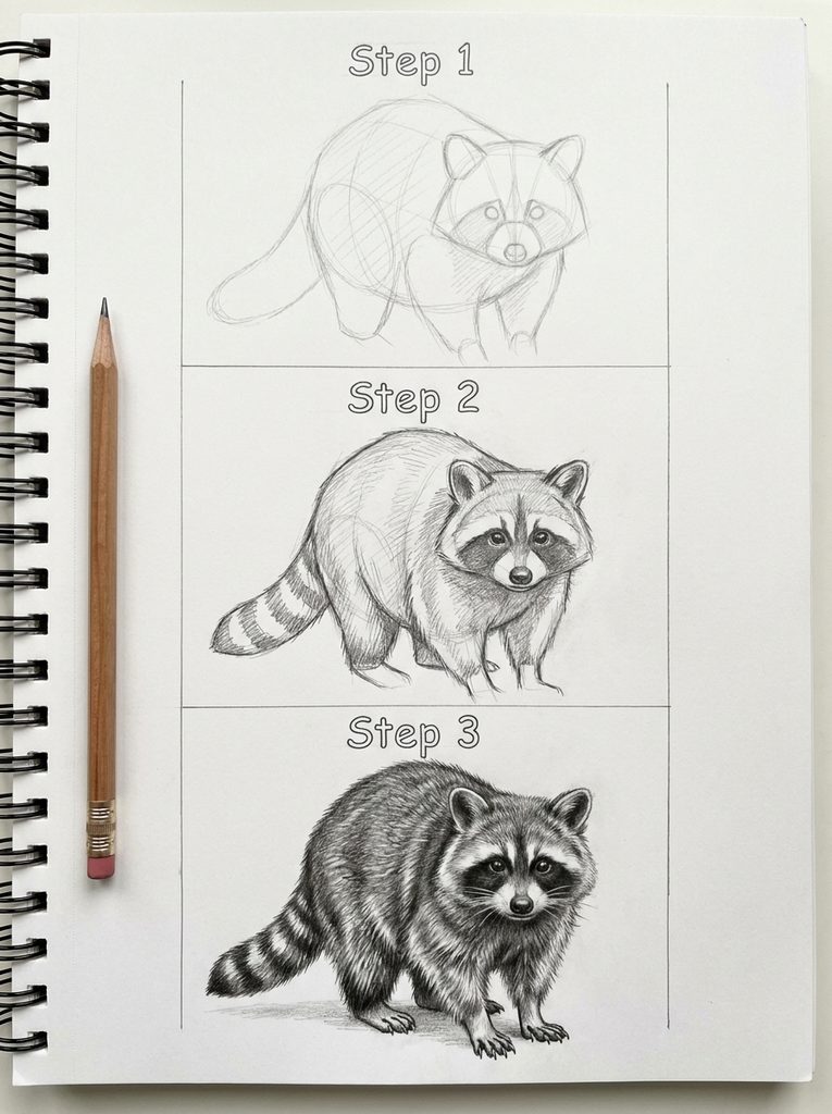 Drawing_realistic_raccoon_tutori_20260929160653 Three-panel tutorial: Step 1 rough raccoon sketch, Step 2 shaded outline, Step 3 finished raccoon drawing (realistic pencil illustration). | Sky Rye Design Three-step sketchbook guide showing a raccoon drawn from basic construction shapes to detailed, fully shaded graphite fur