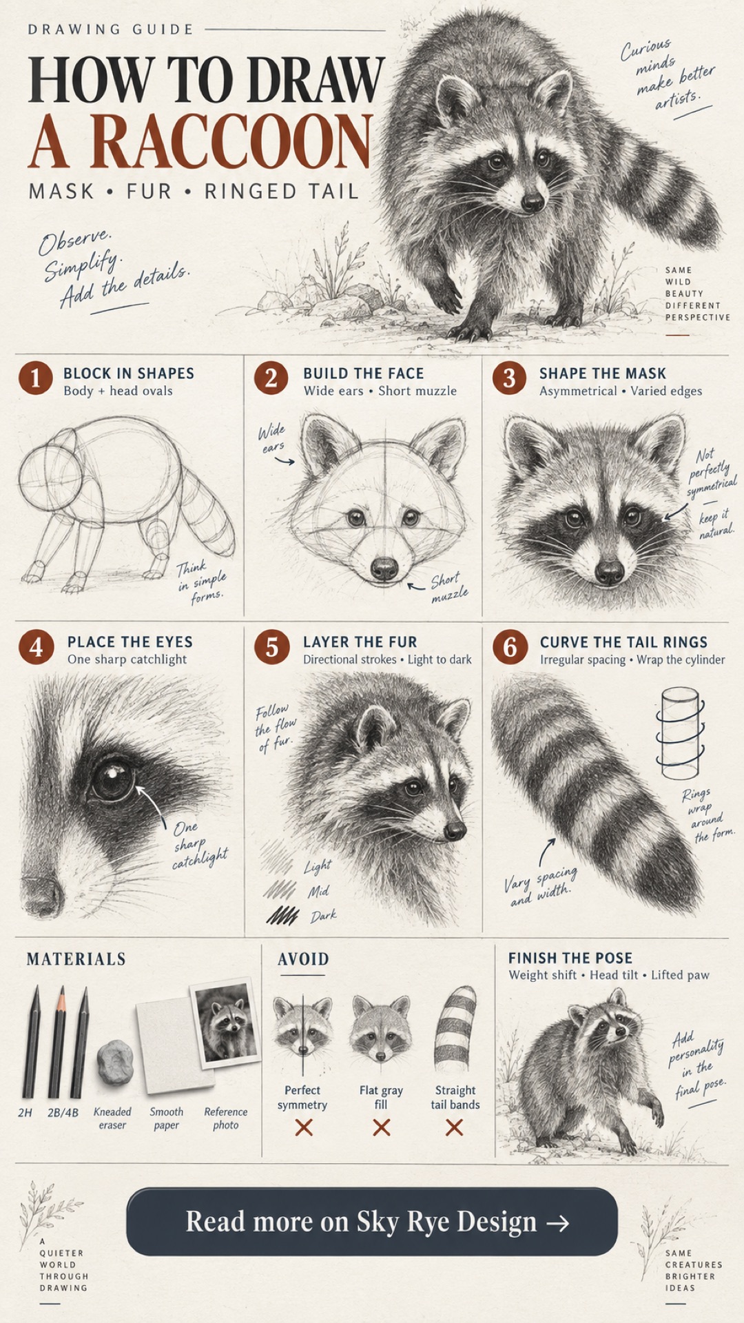 How to Draw a Raccoon Step-by-Step Infographic Step-by-step infographic showing how to draw a raccoon mask, fur, eyes, and ringed tail | Sky Rye Design Step-by-step infographic showing how to draw a raccoon mask, fur, eyes, and ringed tail