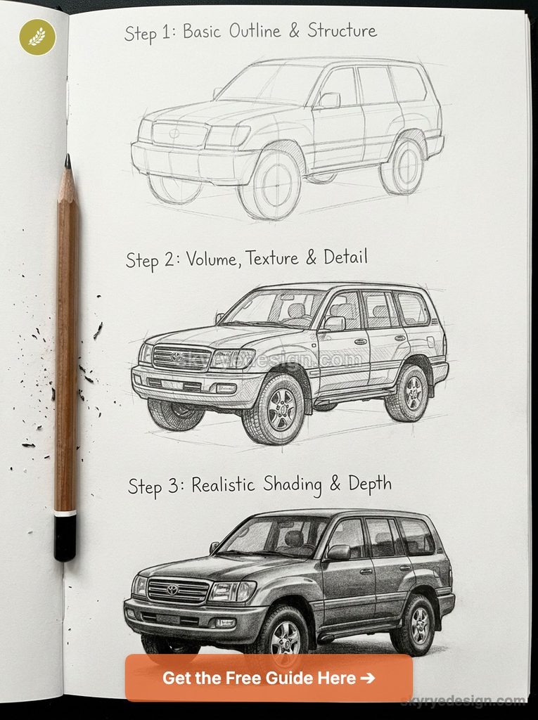 tutorial-toyota-land-cruiser Three-step car drawing tutorial: simple outline SUV, mid-detail SUV, and realistically shaded SUV in pencil sketches. | Sky Rye Design Three-step pencil drawing of a Toyota Land Cruiser, showing basic outline, detailed lines, and realistic shading
