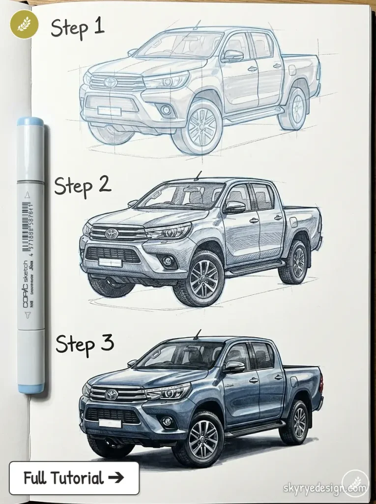 copic-tutorial-1788488323680 Three-step sketch of a pickup truck progression from light pencil to detailed color rendering, labeled Step 1, Step 2, Step 3 on a white page with a marker shown on the left. | Sky Rye Design Three-step drawing guide for a Toyota Hilux, showing initial outline, pencil shading, and finished color rendering