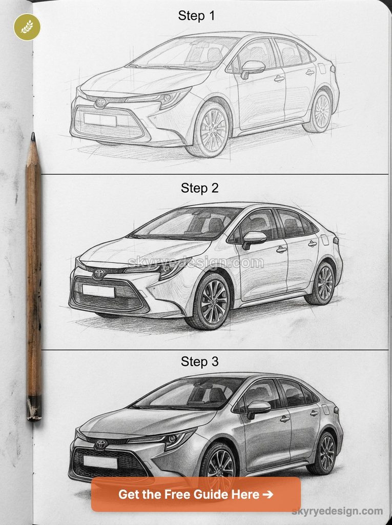 tutorial-toyota-corolla--modern- Three-step pencil sketches of a sedan labeled Step 1, Step 2, Step 3; pencil on the left and an orange 'Get the Free Guide Here' button overlay. | Sky Rye Design Three-step pencil drawing of a Toyota Corolla showing line art, mid-stage shading, and a fully rendered final sketch