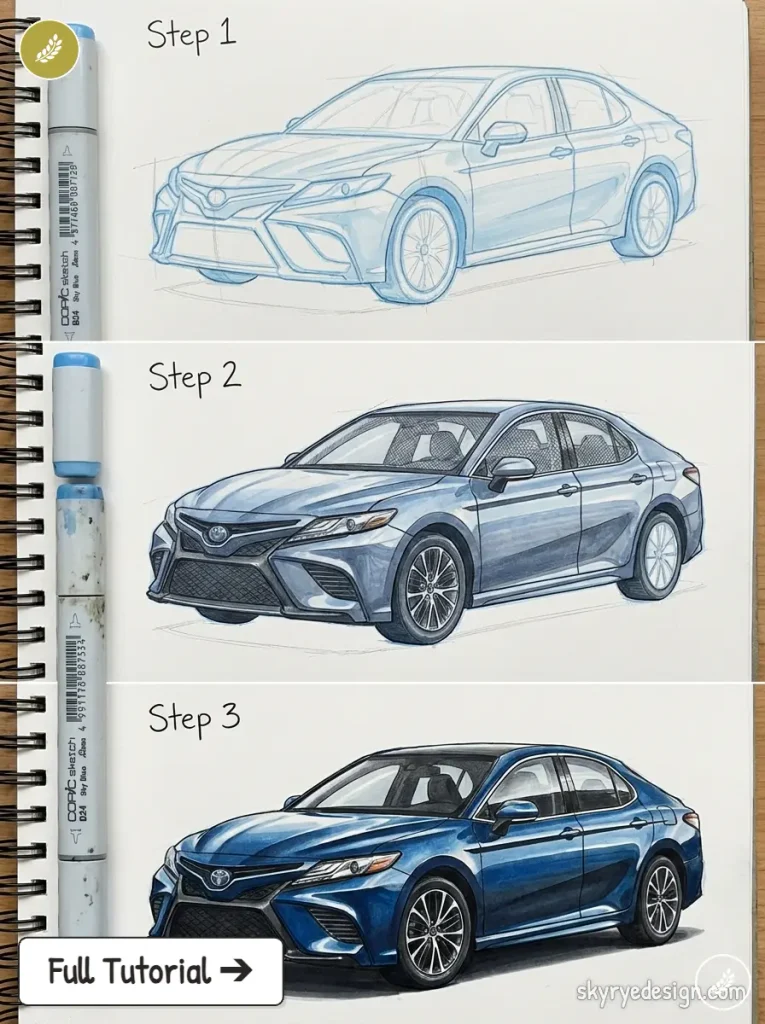 copic-tutorial-1788488469596 Triptych showing a blue sedan drawing progress: Step 1 a light blue pencil sketch, Step 2 a shaded rendering, Step 3 a finished blue car. | Sky Rye Design Three-step drawing process of a blue Toyota Camry, progressing from initial line sketch to fully shaded marker drawing