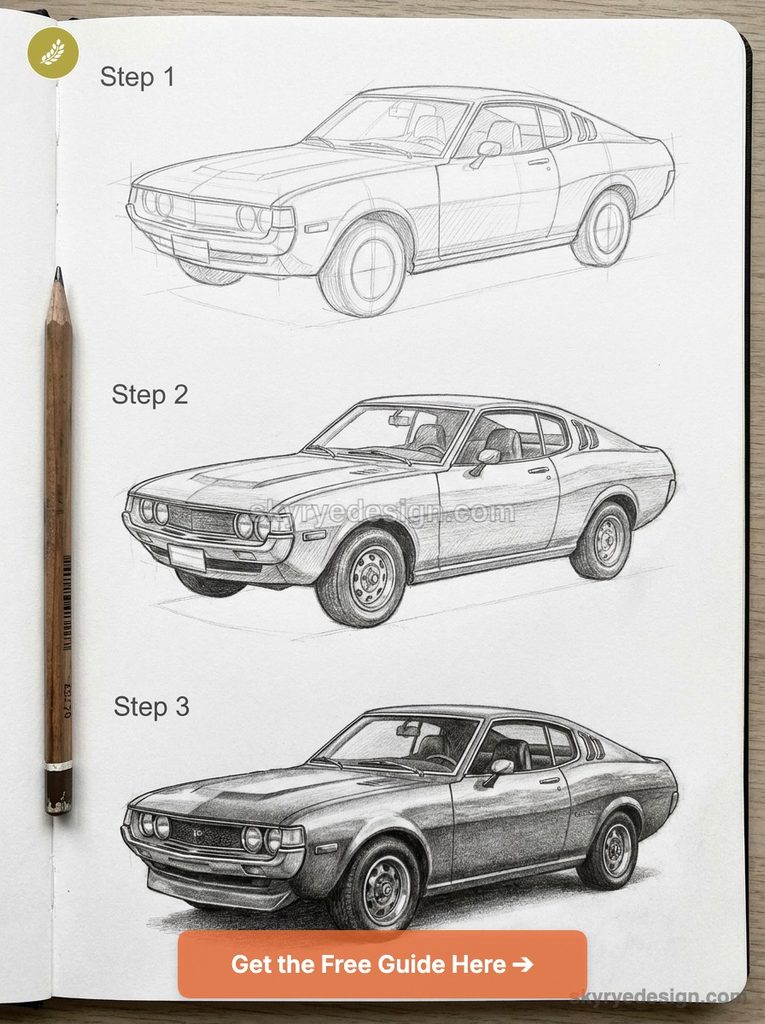 tutorial-toyota-celica Three pencil sketches of a classic car in a notebook, shown as Step 1 to Step 3 in a drawing tutorial. | Sky Rye Design Three-step pencil drawing of a classic Toyota Celica, showing the progression from basic outline to fully shaded rendering