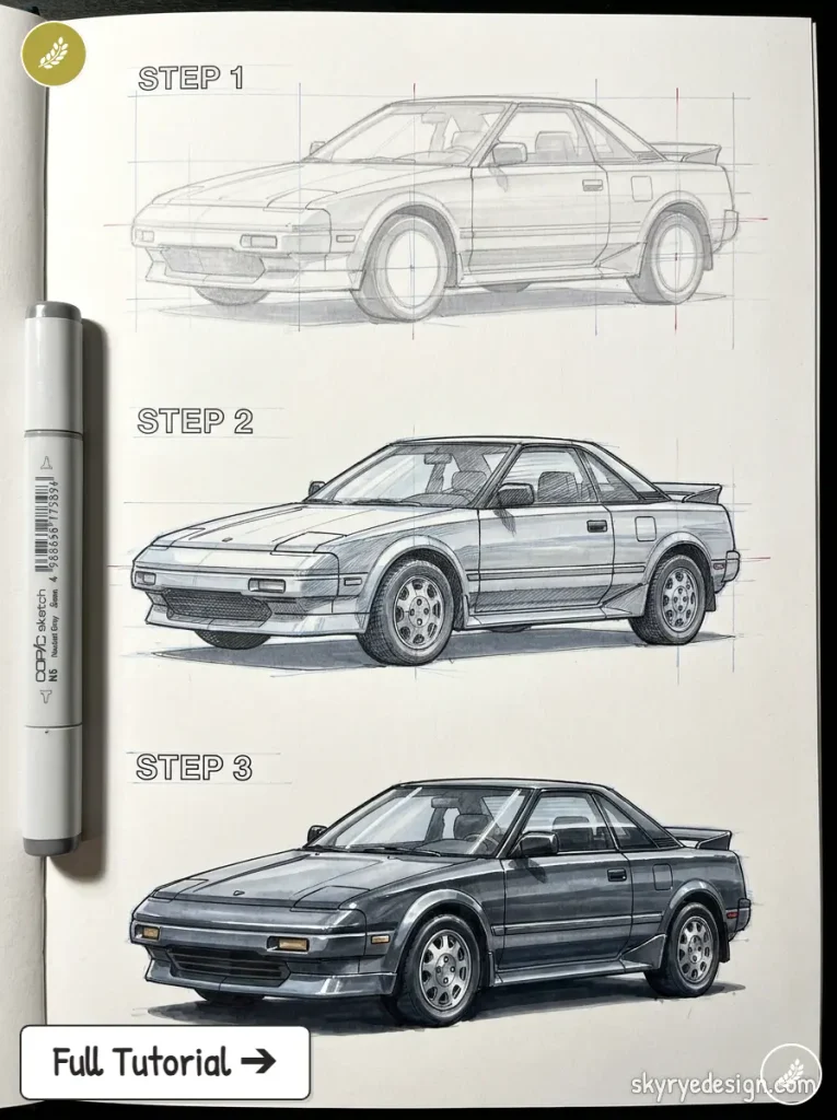 copic-tutorial-1788488621075 Three-step pencil sketch progression of a sports car: Step 1 shows a rough side outline, Step 2 a refined front-three-quarter view with shading, and Step 3 a fully shaded, polished coupe. A white marker pen rests at left edge on the page. | Sky Rye Design Three-step drawing tutorial of a Toyota MR2, moving from pencil outline to light marker shading to fully rendered sketch
