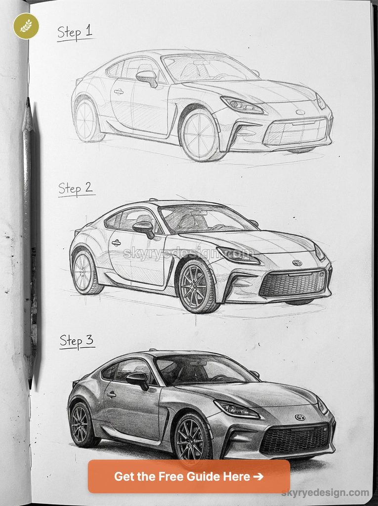 tutorial-toyota-gr86---gt86 Three-step pencil drawing of a sports car: Step 1, 2, and 3 sketches show a coupe from side to front perspectives in progress. | Sky Rye Design Three-step pencil drawing guide of a Toyota GR86 showing initial proportions, refined linework, and full shading