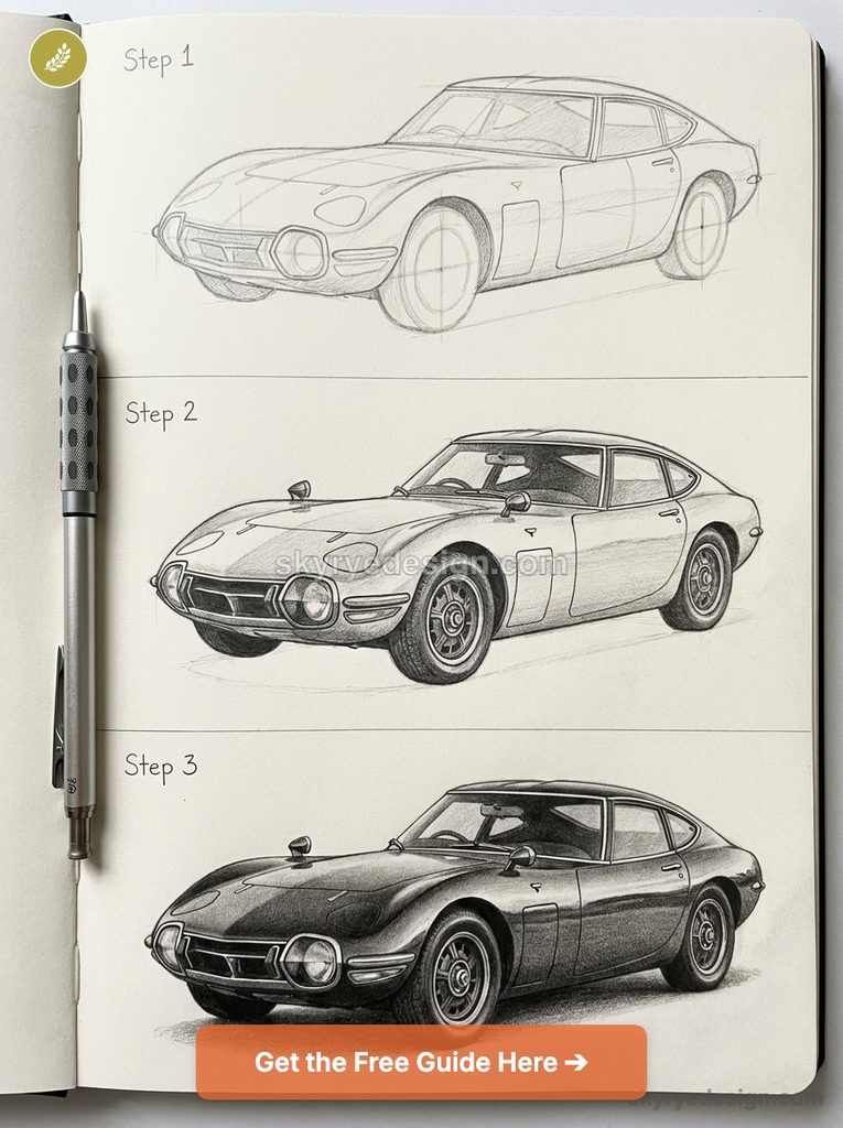 tutorial-toyota-2000gt Notebook page showing three pencil sketches of a vintage sports car, Step 1 rough outline, Step 2 refined drawing, Step 3 finished shaded illustration. | Sky Rye Design Three-step sketch progression of a Toyota 2000GT, from basic pencil outline to detailed shading