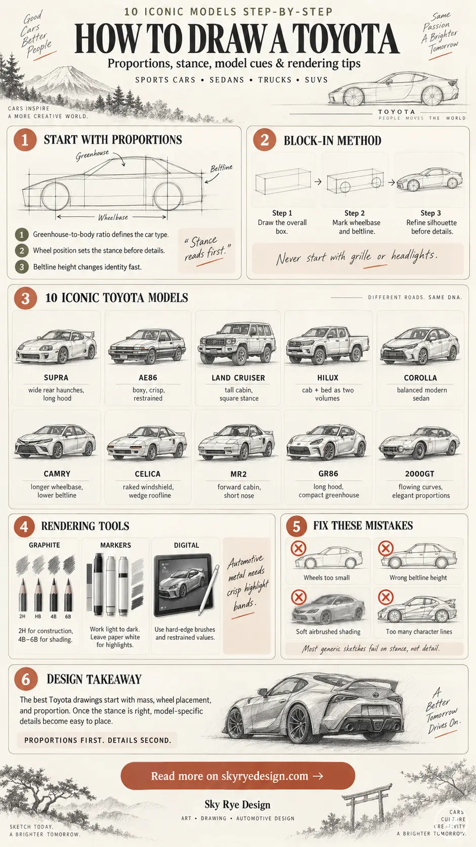 Infographic titled How to Draw a Toyota covering proportions, block-in steps, ten iconic models, rendering tools, and common mistakes