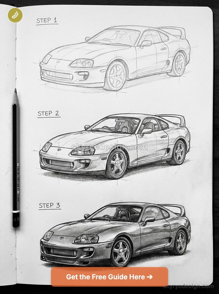 tutorial-toyota-supra--mk4-a90- Notebook page with three step-by-step pencil sketches of a sports car: rough outline (Step 1), shaded model (Step 2), and fully shaded final (Step 3). A pencil rests along the left edge and a sticker banner overlays the bottom. | Sky Rye Design Three-step drawing progression of a Toyota Supra MK4, from initial line sketch to fully rendered pencil drawing