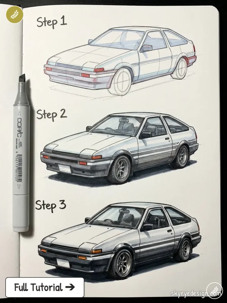 copic-tutorial-1788488220544 Three car sketches labeled Step 1, Step 2 and Step 3 showing a white hatchback at increasing detail and shading in a notebook sketchbook. | Sky Rye Design Three-step drawing progression of a Toyota AE86, from initial construction lines to a fully rendered marker illustration