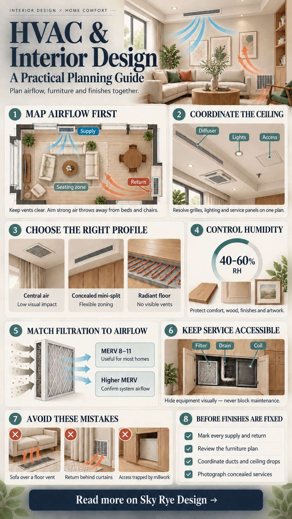 Vertical HVAC and interior design planning infographic showing airflow, ceiling coordination, system profiles, humidity, filtration, service access, and common mistakes.