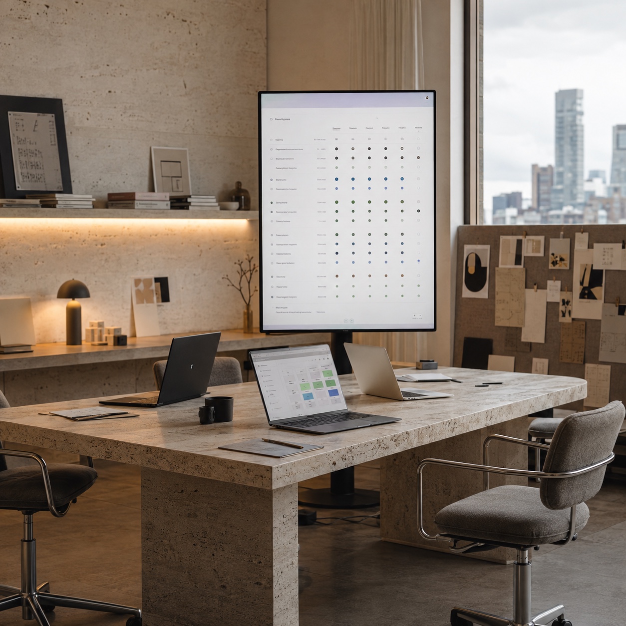 Modern studio command corner with a monitor showing an access permission matrix.