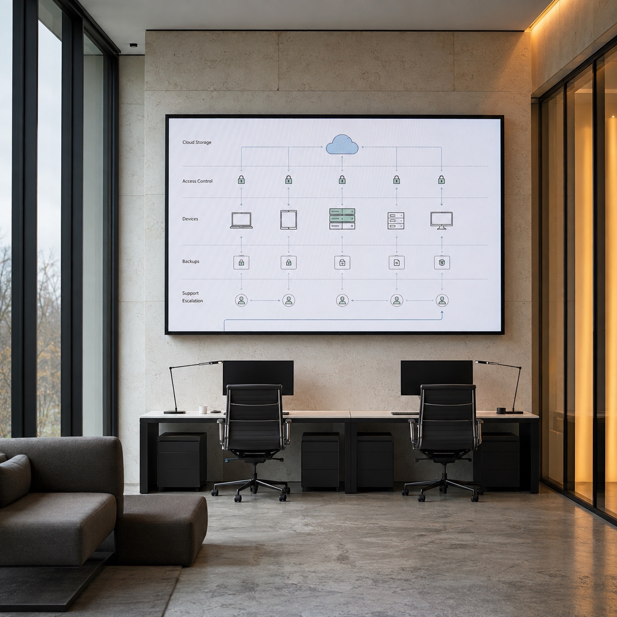 Hybrid design studio infrastructure wall showing cloud storage, access control, devices, backups, and escalation.