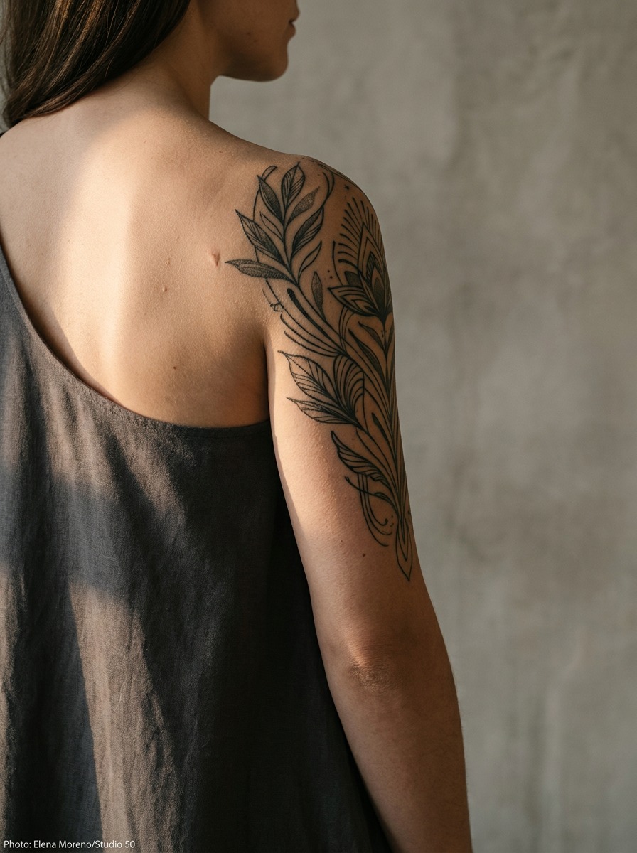 Detailed illustrative tattoo positioned on the flatter shoulder blade