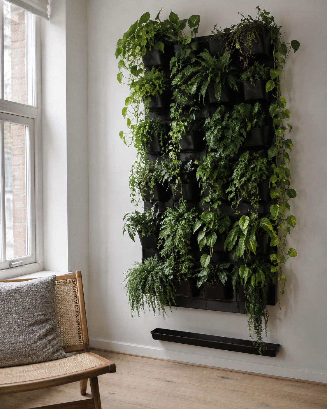 Indoor vertical garden wall with modular planter boxes for compact home greenery.