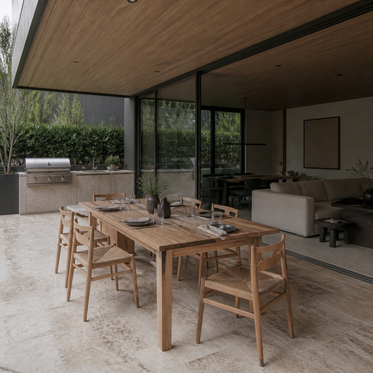 Indoor-outdoor dining area with deep roof overhang, sliding glass wall, travertine terrace, and timber table.