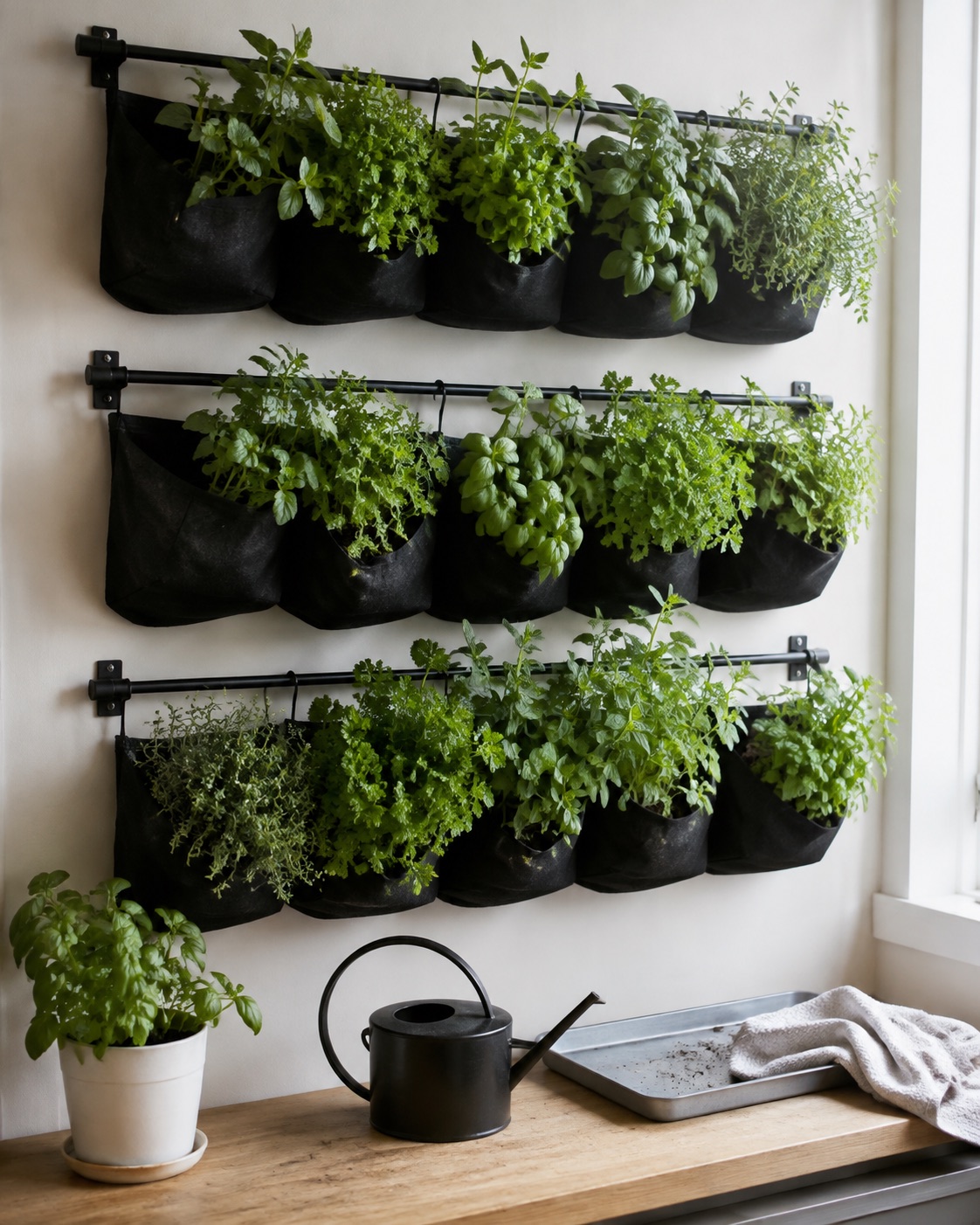 Indoor wall pocket herb garden for vertical gardening ideas in small spaces.