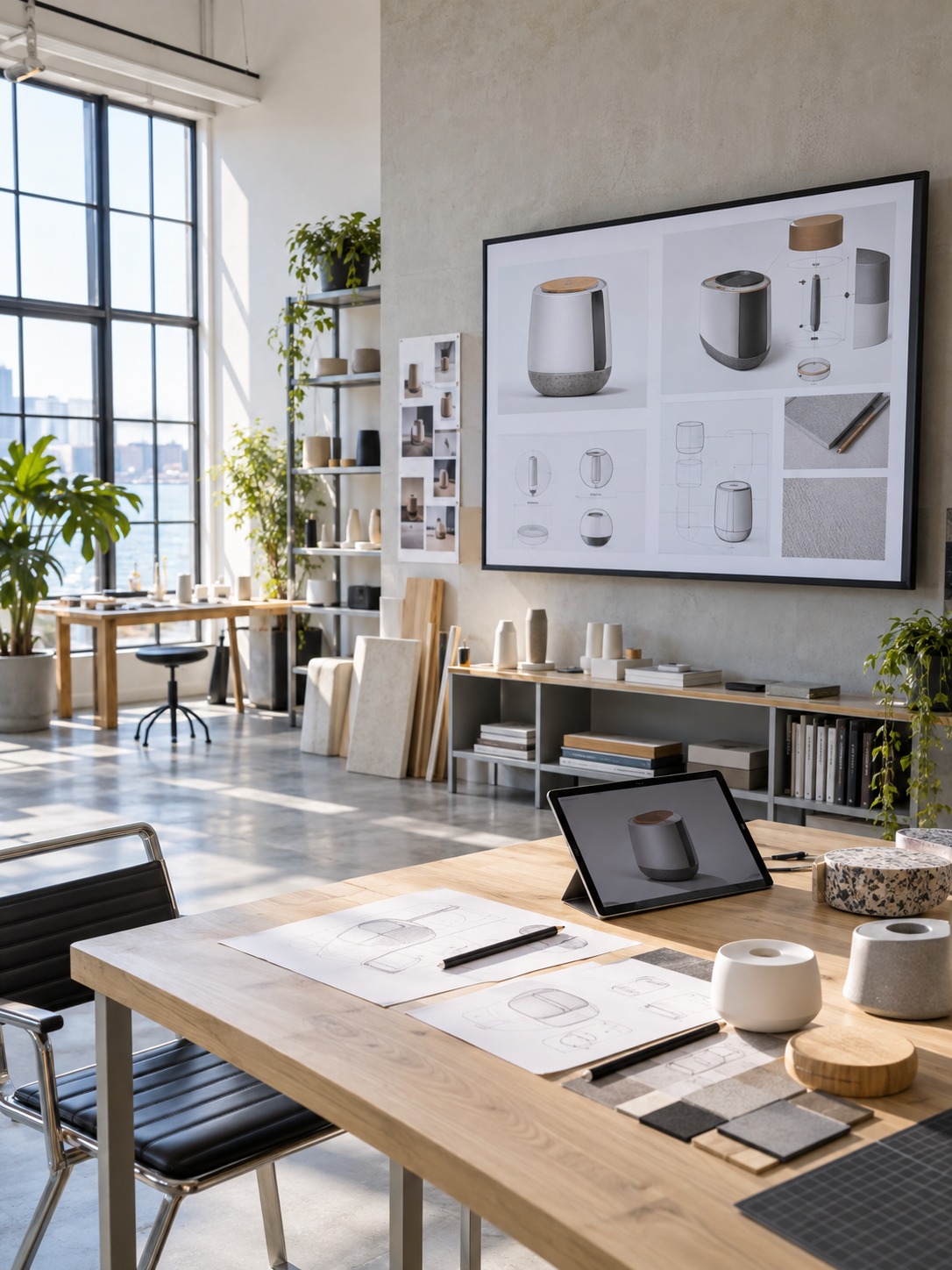 Industrial design concept board in a modern studio Modern design studio with an industrial concept board and iPad on the desk | Sky Rye Design Modern design studio with an industrial concept board and iPad on the desk
