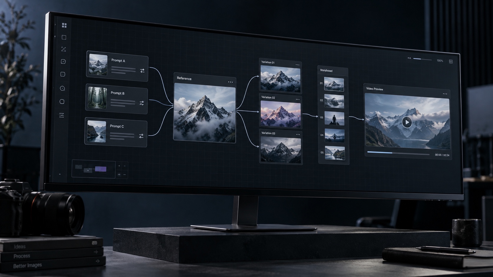 Infinite Canvas Context and Branching Workflow Premium desktop display showing a visual AI workspace with connected references, branching image variations, and a storyboard | Sky Rye Design Premium desktop display showing a visual AI workspace with connected references, branching image variations, and a storyboard