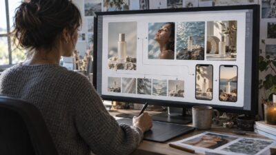 Designer reviewing connected product photos, lifestyle variations, storyboard frames, and vertical ad concepts on an infinite canvas