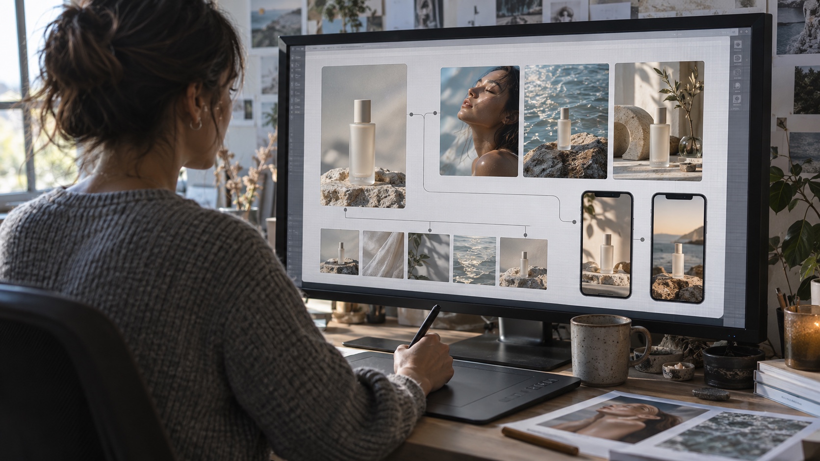 E-commerce Product Campaign on an Infinite Canvas Designer reviewing connected product photos, lifestyle variations, storyboard frames, and vertical ad concepts on an infinite canvas | Sky Rye Design Designer reviewing connected product photos, lifestyle variations, storyboard frames, and vertical ad concepts on an infinite canvas