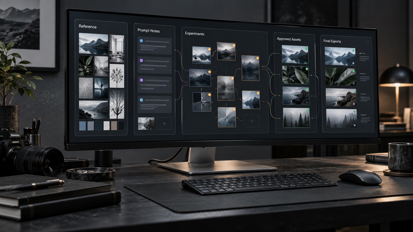 Planning Zones on an Infinite Canvas Large monitor displaying organized zones for references, prompts, experiments, approved assets, and final outputs | Sky Rye Design Large monitor displaying organized zones for references, prompts, experiments, approved assets, and final outputs