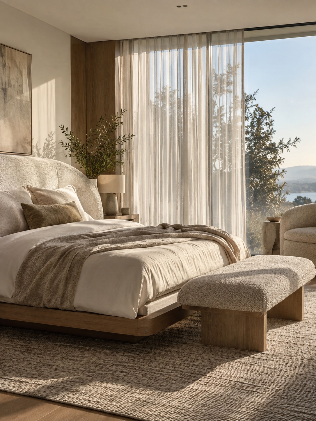 Modern bedroom with a curved boucle headboard and sheer curtain wall