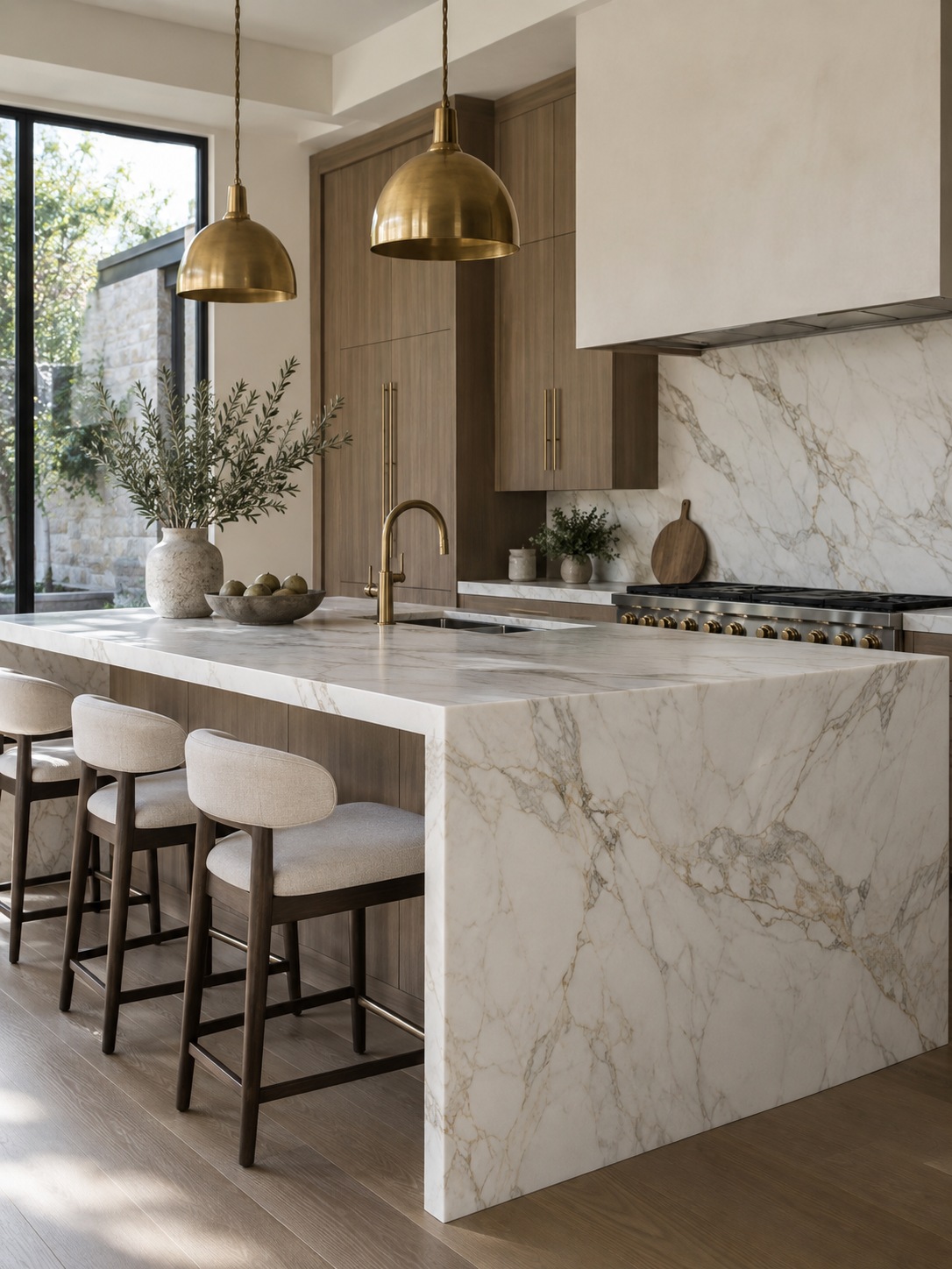 Honed stone waterfall kitchen island with integrated brass fixtures