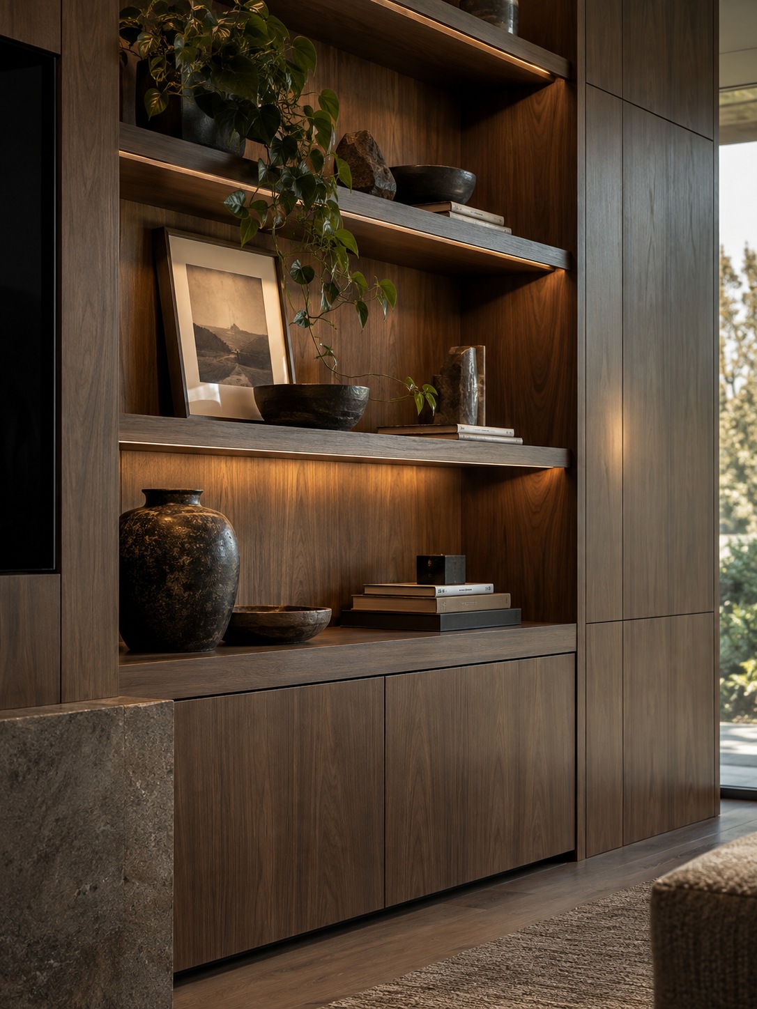 Custom walnut millwork wall unit with integrated shelving and hidden storage