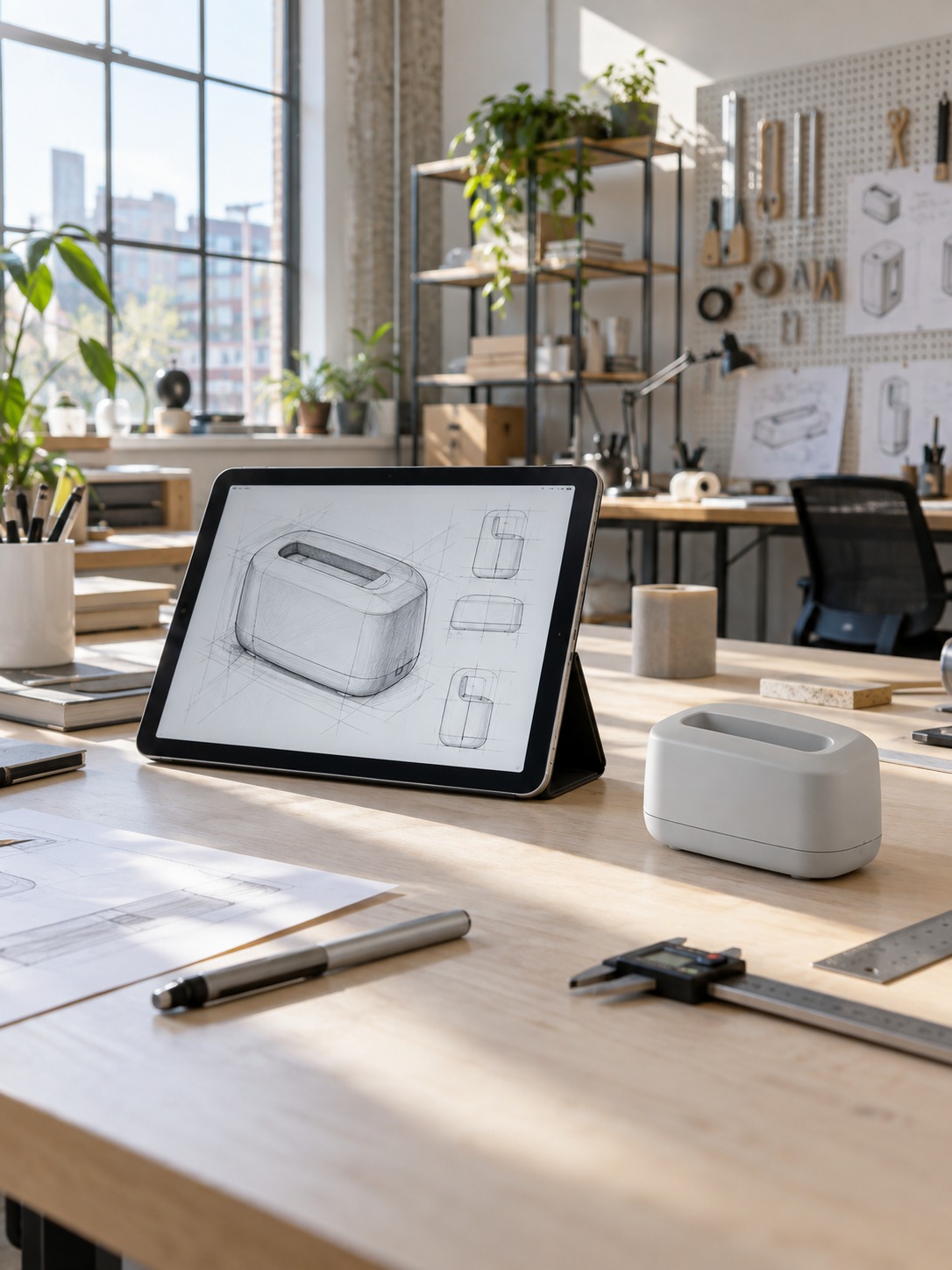iPad industrial design studio workflow Industrial design desk with an iPad sketch and a small 3D printed prototype | Sky Rye Design Industrial design desk with an iPad sketch and a small 3D printed prototype