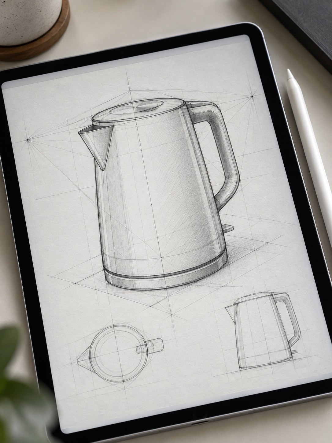 Two point perspective kettle sketch on iPad Two point perspective kettle sketch with construction lines on an iPad | Sky Rye Design Two point perspective kettle sketch with construction lines on an iPad