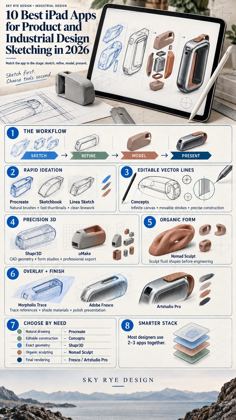 iPad apps for product design sketching infographic Infographic comparing 10 iPad apps across sketching, vector, CAD, sculpting, and rendering workflows | Sky Rye Design Infographic comparing 10 iPad apps across sketching, vector, CAD, sculpting, and rendering workflows