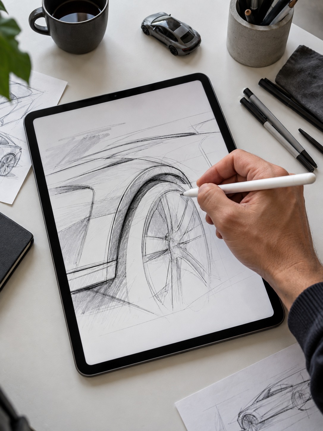 iPad product design wheel arch sketch Designer sketching an automotive wheel arch on an iPad with Apple Pencil | Sky Rye Design Designer sketching an automotive wheel arch on an iPad with Apple Pencil