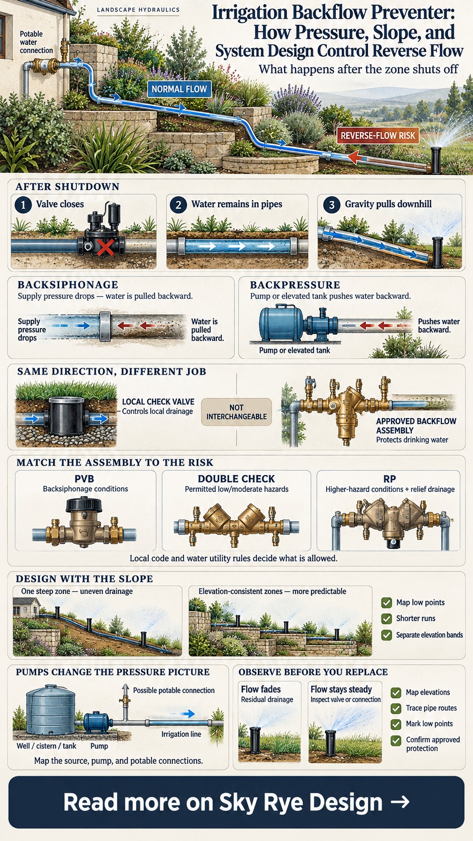 Irrigation backflow preventer infographic comparing reverse-flow risks, protection assemblies, slope design, and shutdown checks