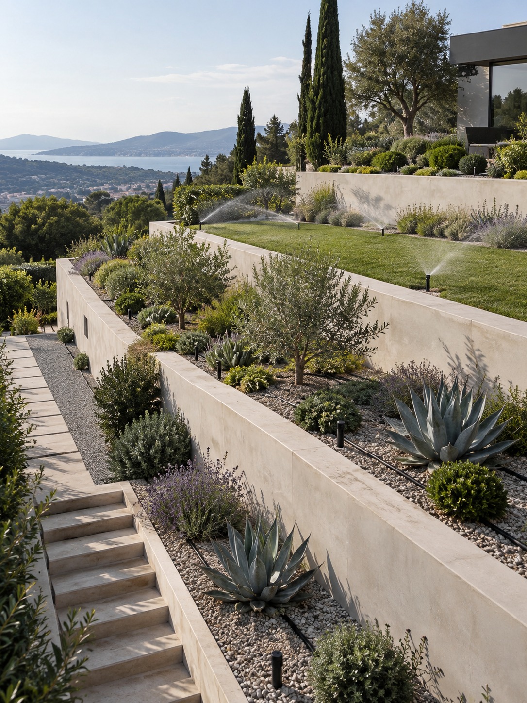 Terraced modern garden with irrigation zones arranged across several elevation levels