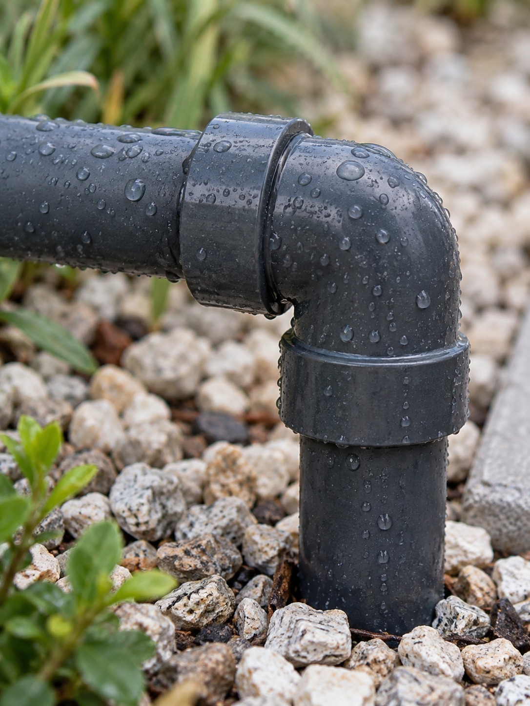 Water droplets on a matte PVC irrigation pipe fitting beside pale landscape gravel