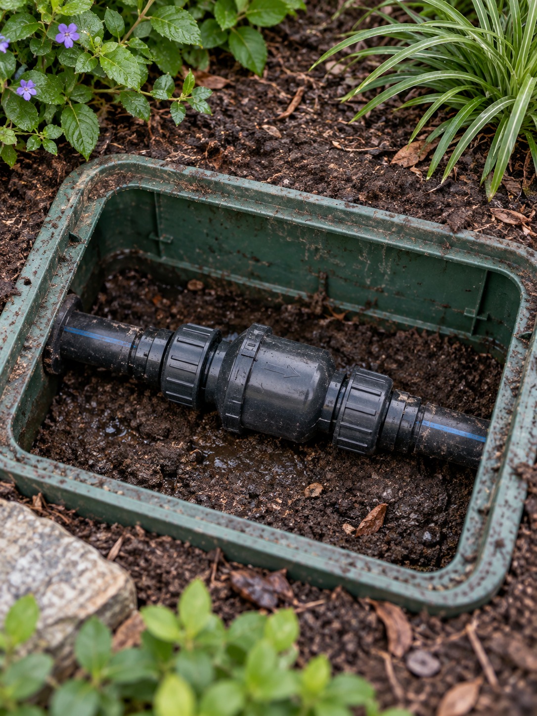 Open irrigation valve box with a spring check valve and neatly routed piping