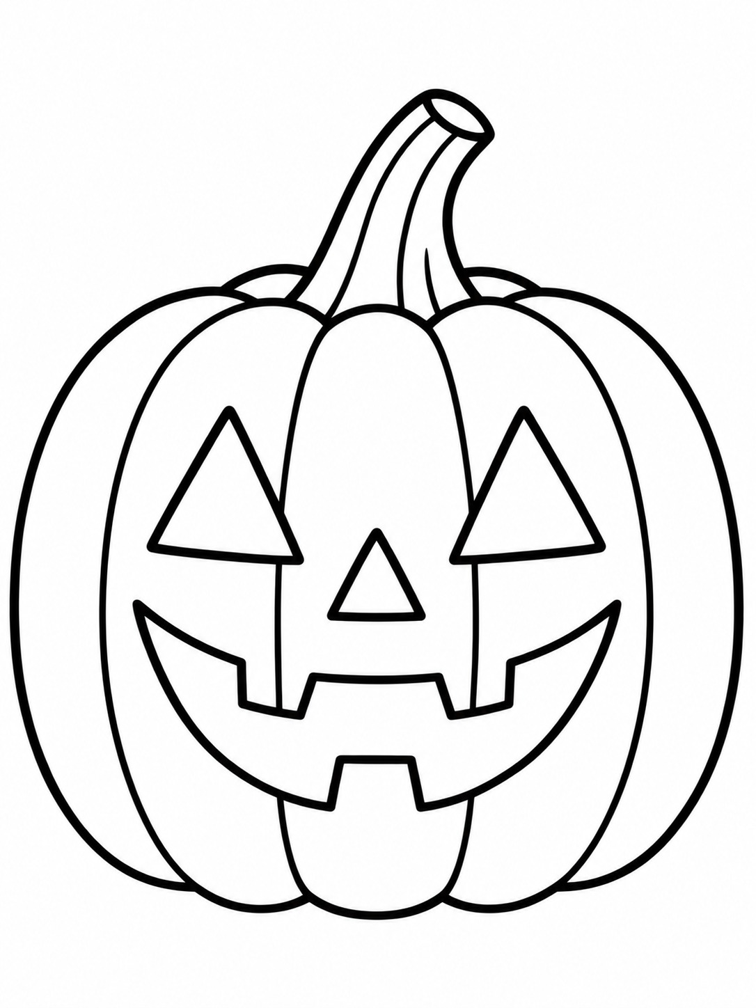 Jack-o-lantern easy coloring page Large jack-o'-lantern with a bold triangular face and broad pumpkin sections. | Sky Rye Design Large jack-o'-lantern with a bold triangular face and broad pumpkin sections.