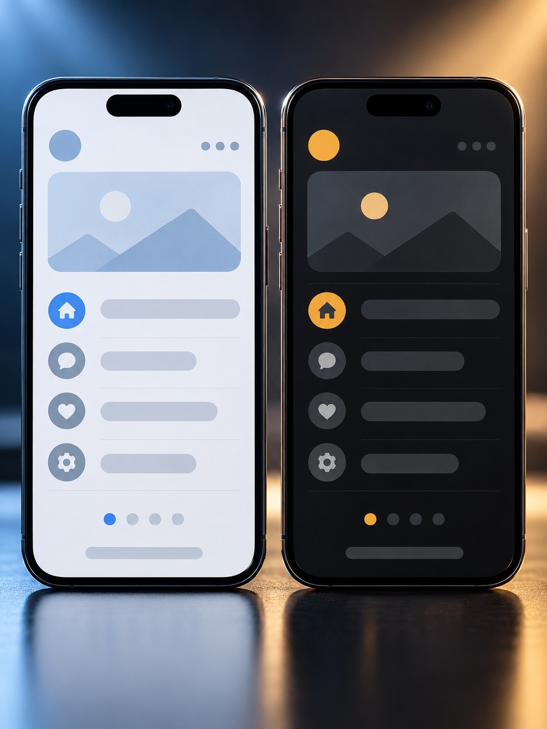 Japanese and English Mobile Interface Comparison Two smartphones side by side showing app interfaces in light and dark themes, with header image and round icons in a vertical list. | Sky Rye Design Two smartphones comparing Japanese and English versions of the same interface