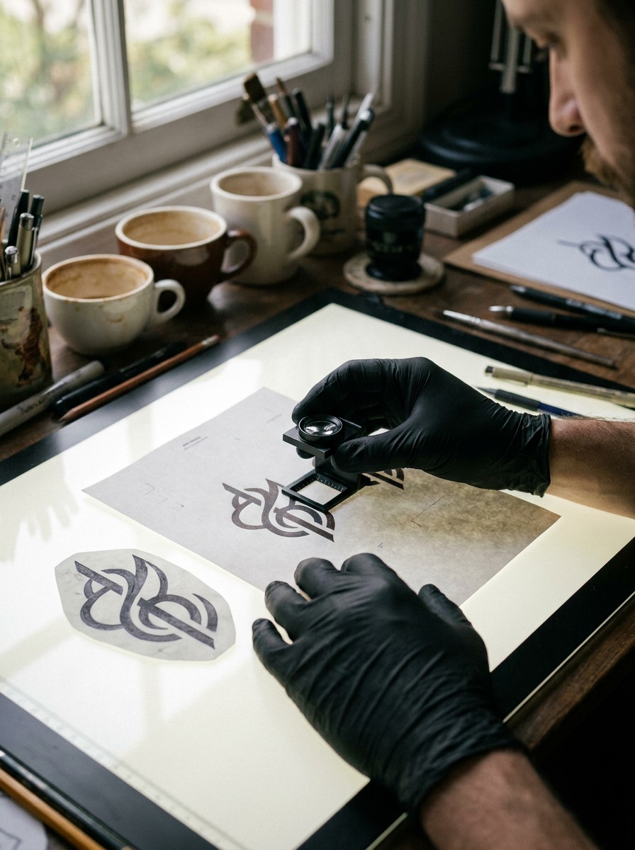 Hands using a loupe to compare kerning on a logotype proof and tattoo stencil.