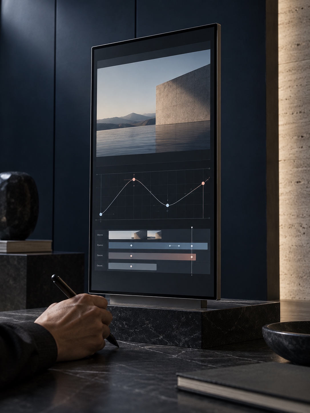Keyframe graph and motion timing Vertical monitor showing an abstract keyframe curve on a black stone platform | Sky Rye Design Vertical monitor showing an abstract keyframe curve on a black stone platform