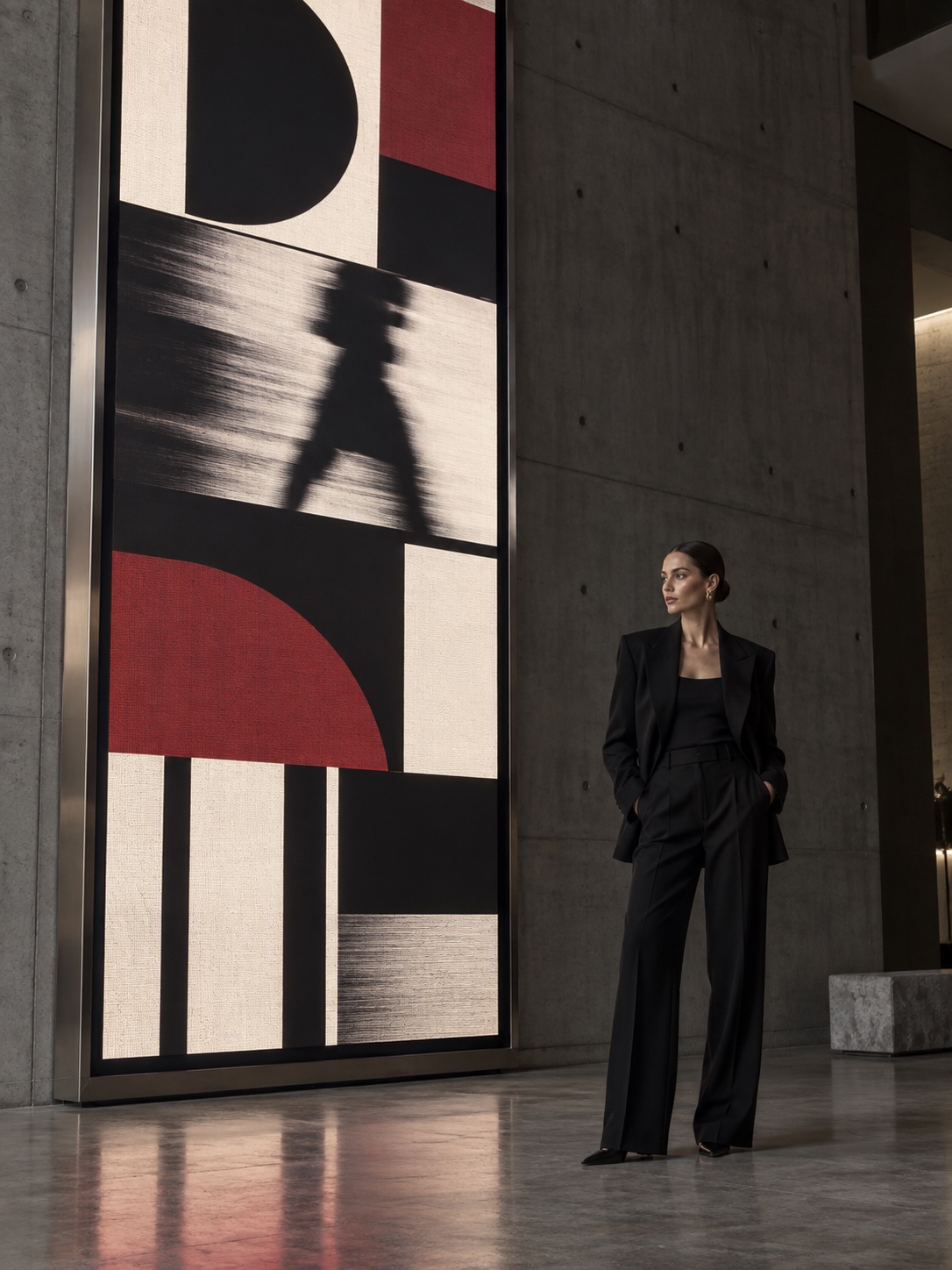 Kinetic typography and hierarchy Fashion model beside a kinetic typography installation in a concrete gallery | Sky Rye Design Fashion model beside a kinetic typography installation in a concrete gallery