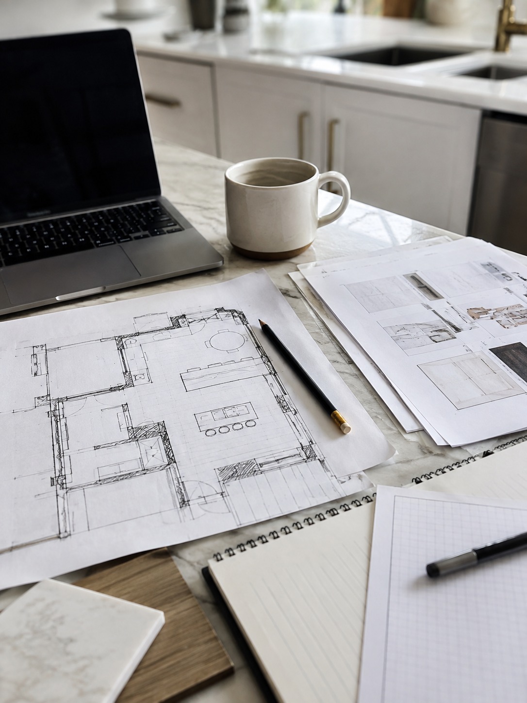 Kitchen remodel budget and floor plan notes floor plan sketch and budget notes on a kitchen counter | Sky Rye Design floor plan sketch and budget notes on a kitchen counter