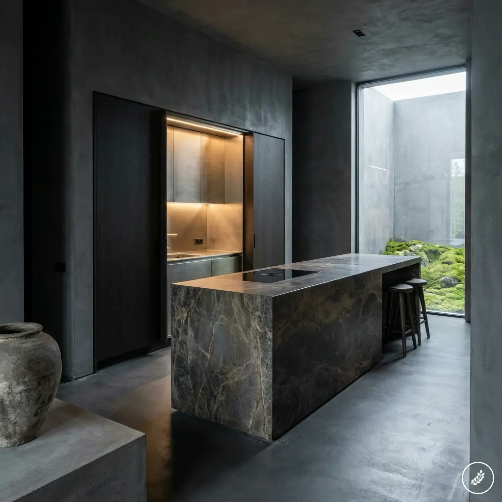 Modern_kitchen_with_stone_island_202609052349 Dark minimalist kitchen with a marble island, built-in stove, and a large window revealing a moss garden outside | Sky Rye Design Modern minimalist dark kitchen featuring a dark marble waterfall island and pocket doors opening to warm task lighting